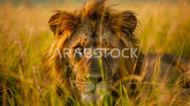 المحميات الطبيعية لتربية الحيوانات الشرسة والمفترسة ، صورة مقربة لأسد يقف خلف العشب ، مفهوم الحياة البرية في الغابات الطبيعية ، حدائق الحيوان في المملكة العربية السعودية