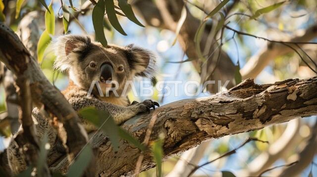 الغابات والطبيعة الخضراء في المملكة ، الحفاظ على الحيوانات المهددة بالإنقراض في المحميات الطبيعية،  صورة لحيوان الكوالا يقف على غصن شجرة الكينا، حديقة الحيوان في السعودية
