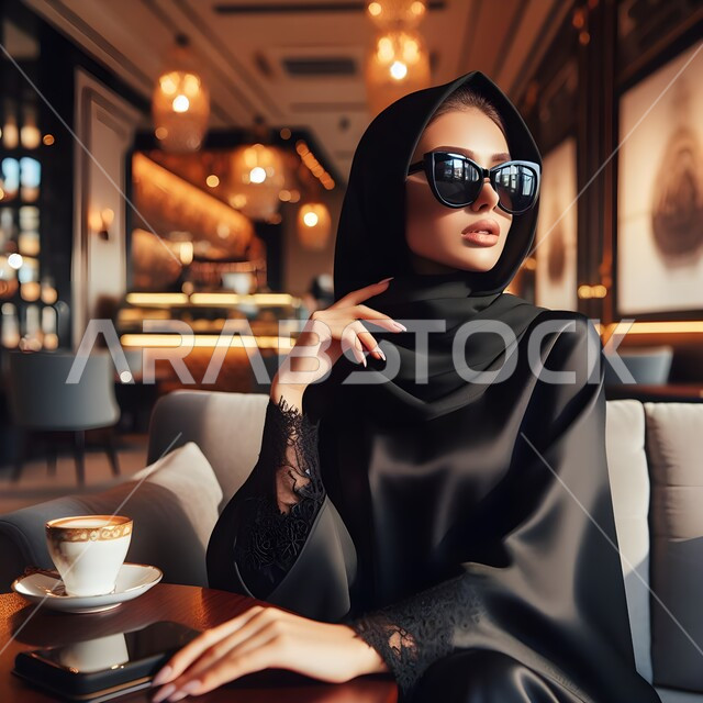 Enjoying hot drinks, the concept of femininity and softness, gestures of self-confidence, quiet sessions in one of the upscale cafes in the Kingdom, a close-up picture of a smiling Saudi Gulf Arab woman wearing a black abaya and sunglasses.