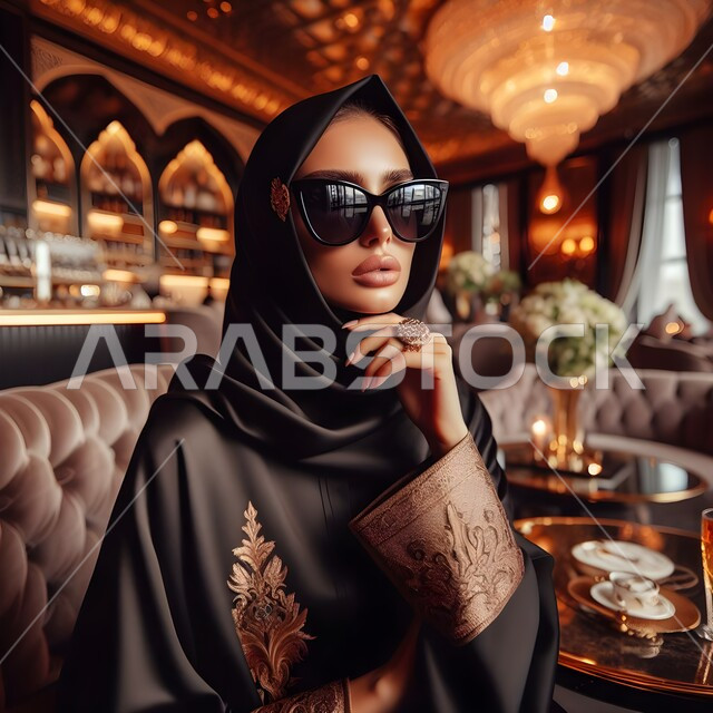 Gestures of self-confidence, the concept of femininity and softness, enjoying hot drinks, quiet sessions in one of the upscale cafes in the Kingdom, a close-up photo of a smiling Saudi Gulf Arab woman wearing a black abaya and sunglasses.