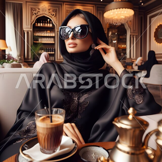 The concept of femininity and softness, gestures of self-confidence, enjoying hot drinks, quiet sessions in one of the upscale cafes in the Kingdom, a close-up picture of a smiling Saudi Gulf Arab woman wearing a black abaya and sunglasses.