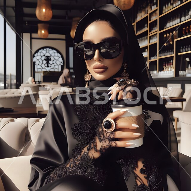Looking at the camera with gestures of self-confidence, the concept of femininity and softness, enjoying hot drinks, quiet sessions in one of the upscale cafes in the Kingdom, a close-up photo of a smiling Saudi Gulf Arab woman wearing a black abaya and sunglasses, holding a cup of coffee in her hand.
