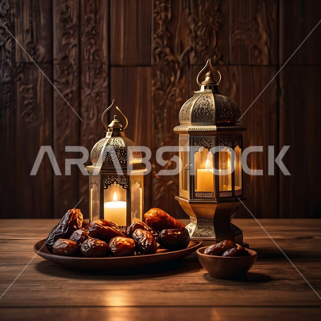 Luminous decorative metal lanterns with a bowl full of dates next to them, Arabic accessories and decorations, Islamic art, traditional Islamic antiques to celebrate the coming of the month of goodness, hospitality for the holy month of Ramadan, lights and decorations in the spiritual Ramadan atmosphere, a wooden background.