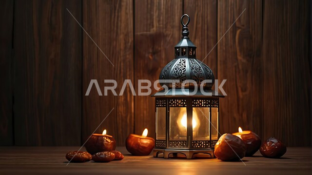 الزينة والاكسسوارات العربية والفن الإسلامي، تحف اسلامية تقليدية للاحتفال بقدوم شهر الخير، فانوس معدني مزخرف مضيئ وبجانبه حبات التمر، ضيافة شهر رمضان المبارك، أنوار وديكورات في الأجواء الرمضانية الروحانية، خلفية خشبية