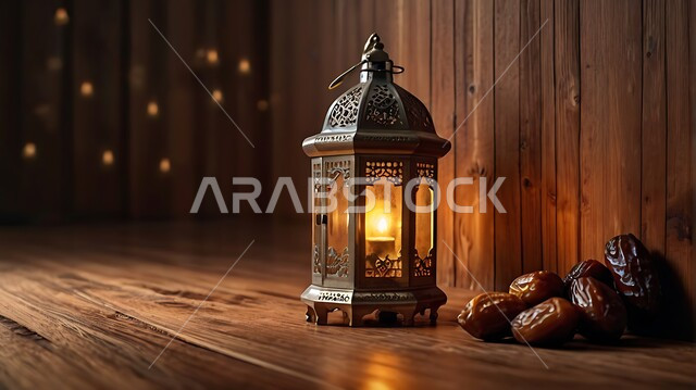 الفن الاسلامي للزينة والاكسسوارات العربية، تحف اسلامية تقليدية للاحتفال بقدوم شهر الخير، فانوس معدني مزخرف مضيئ وبجانبه حبات التمر، ضيافة شهر رمضان المبارك، أنوار وديكورات في الأجواء الرمضانية الروحانية، خلفية خشبية