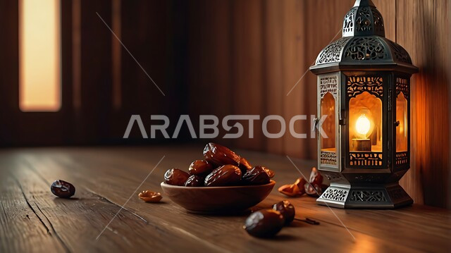 A luminous decorative metal lantern with a bowl full of dates next to it, hospitality for the holy month of Ramadan, lights and decorations in the spiritual Ramadan atmosphere, traditional Islamic antiques to celebrate the coming of the month of goodness, the Islamic art of Arabic decoration and accessories, a wooden background