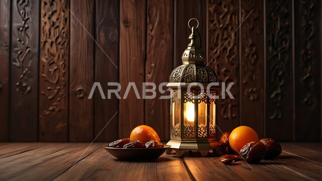 أطعمة غذائية صحية ومفيدة، أنوار وديكورات في الأجواء الرمضانية الروحانية، فانوس معدني مزخرف مضيئ وبجانبه حبات التمر والبرتقال المفيد، تحف اسلامية تقليدية للاحتفال بقدوم شهر الخير، ضيافة شهر رمضان المبارك، الفن الاسلامي للزينة والاكسسوارات العربية، خلفية خشبية