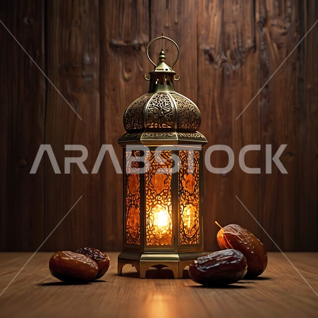 ديكورات وأنوار في الأجواء الرمضانية الروحانية، صورة مقربة لفانوس معدني مزخرف مضيئ وبجانبه حبات التمر، تحف اسلامية تقليدية للاحتفال بقدوم شهر الخير، ضيافة شهر رمضان المبارك، الفن الاسلامي للزينة والاكسسوارات العربية، خلفية خشبية