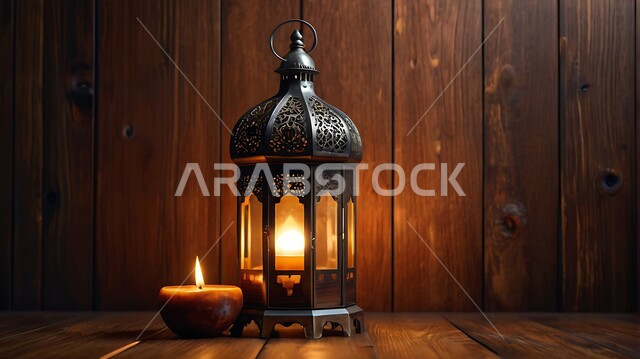 الاكسسوارات والزينة العربية والفن الإسلامي، فانوس معدني مزخرف مضيئ، تحف اسلامية تقليدية للاحتفال بقدوم شهر الخير، أنوار وديكورات في الأجواء الرمضانية الروحانية، خلفية خشبية