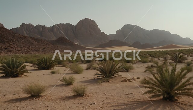 نمو النباتات الخضراء والأعشاب البرية في الأراضي الصحراوية، البراري والصحراء في المملكة العربية السعودية، المناظر الطبيعية في المناطق النائية، القمم الصخرية والتضاريس والمرتفعات الجبلية، خلفية الطبيعة