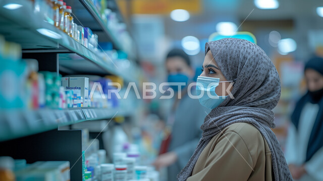  اتباع الاجراءات الاحترازية للوقاية من الامراض، شراء الأدوية داخل الصيدلية، تقديم الرعاية الصحية والوصفات الطبية، صورة مقربة من الجانب لإمرأه عربية خليجية سعودية ترتدي الحجاب والكمامة تقوم باختيار المستحضرات والمنتجات الطبية