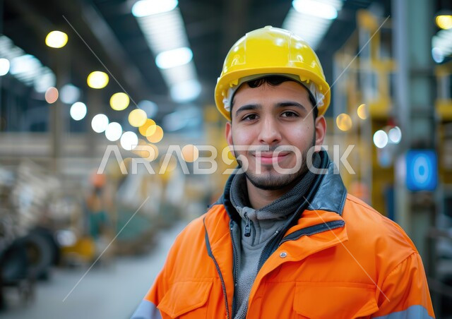 النظر إلى الكاميرا بإيماءات السعادة والسرور، مهن ووظائف هندسية سعودية، الاشراف على المشاريع في موقع العمل، صورة مقربة لمهندس شاب عربي خليجي سعودي يرتدي اللباس الخاص بالمهنة وخوذة الحماية، تطور ونمو القطاع الهندسي في المملكة