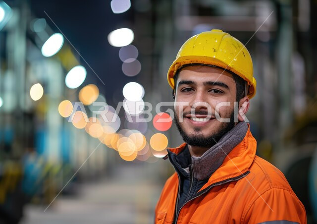 مهن ووظائف هندسية سعودية، الاشراف على المشاريع في موقع العمل، صورة مقربة لمهندس شاب عربي خليجي سعودي يرتدي اللباس الخاص بالمهنة وخوذة الحماية، تطور ونمو القطاع الهندسي في المملكة، النظر الى الكاميرا بإيماءات السعادة والسرور