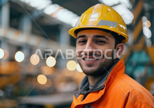 Supervising projects at the work site, a close-up picture of a young Saudi Gulf Arab engineer wearing the profession’s uniform and a protective helmet, the development and growth of the engineering sector in the Kingdom, looking at the camera with gestures of happiness and pleasure, Saudi engineering professions and jobs