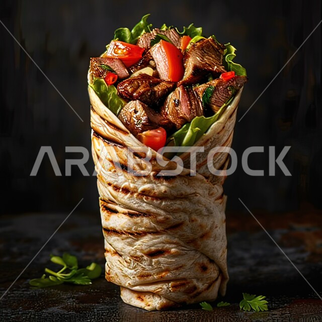 وجبات طعام الغداء اللذيذة، خبز التورتيلا محشو بقطع اللحوم الشهية والخضراوات، مطاعم المأكولات السريعة في المملكة العربية السعودية، ساندويتش لحم مشوية مع الخضار الطازجة، خلفية سوداء