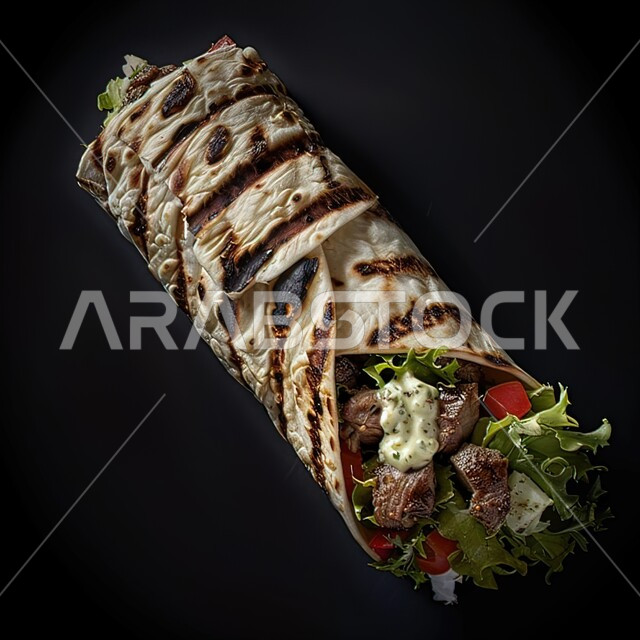 خبز التورتيلا محشو بقطع اللحوم الشهية والخضراوات، مطاعم المأكولات السريعة في المملكة العربية السعودية، ساندويتش لحم مشوية مع الخضار الطازجة، وجبات طعام الغداء اللذيذة، خلفية سوداء