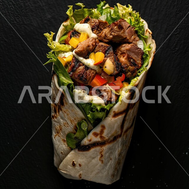 ساندويتش لحم مشوية مع الخضار الطازجة، خبز التورتيلا محشو بقطع اللحوم الشهية والخضراوات، مطاعم المأكولات السريعة في المملكة العربية السعودية، وجبات طعام الغداء اللذيذة، خلفية سوداء