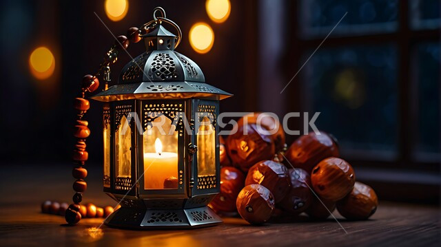 الفن العربي الاسلامي للتحف والاكسسوارات الرمضانية، فانوس معدني مضيء مزخرف مع مسبحة خشبية، استقبال شهر رمضان المبارك بالأجواء الروحانية، الأنوار والزينة والفوانيس في الأعياد والمناسبات الدينية
