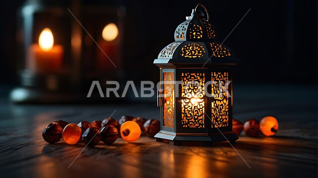 Preparing for the advent of the holy month of Ramadan with a spiritual atmosphere, the Arab Islamic art of Ramadan antiques and accessories, lights, decorations and lanterns on religious holidays and occasions, a close-up picture of a decorative illuminated metal lantern with a wooden rosary.