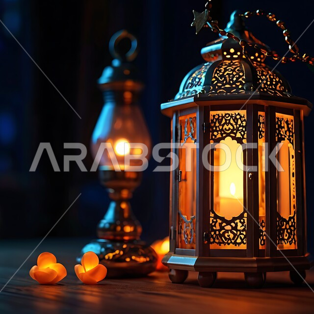 Arab-Islamic art of Ramadan antiques and accessories, lights, decorations and lanterns on holidays and religious occasions, a close-up of a luminous ornate metal lantern with a wooden rosary, welcoming the holy month of Ramadan in a spiritual atmosphere