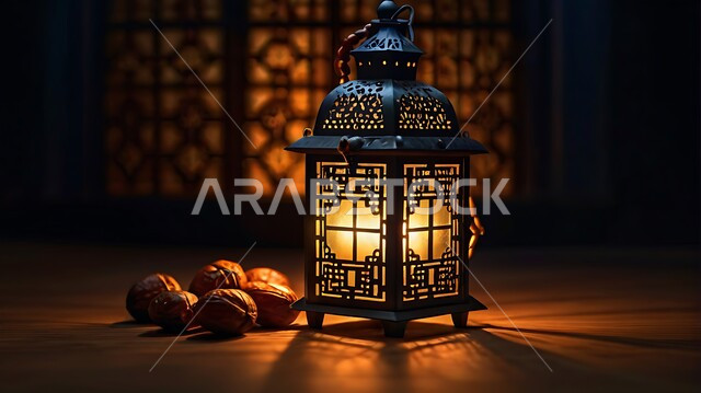 الزينة والأنوار والفوانيس في الأعياد والمناسبات الدينية، الفن العربي الاسلامي للتحف والاكسسوارات الرمضانية، صورة مقربة لفانوس معدني مضيء مزخرف مع مسبحة خشبية، استقبال شهر رمضان المبارك بالأجواء الروحانية