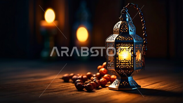 الأنوار والزينة والفوانيس في الأعياد والمناسبات الدينية، الفن العربي الاسلامي للتحف والاكسسوارات الرمضانية، صورة مقربة لفانوس معدني مضيء مزخرف مع مسبحة خشبية، استقبال شهر رمضان المبارك بالأجواء الروحانية