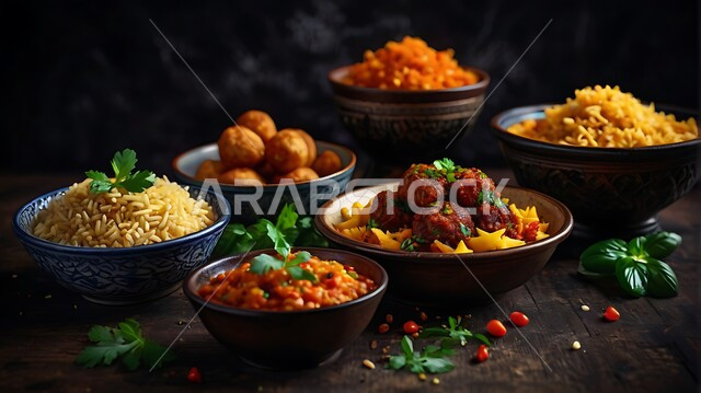 المطاعم والمطابخ في المملكة العربية السعودية ، سفرة من المأكولات الشعبية التقليدية الشهية ، أصناف الأطباق والمقبلات العربية الشرقية اللذيذة ، طاولة طعام مليئة بالوجبات المتنوعة ، خلفية داكنة