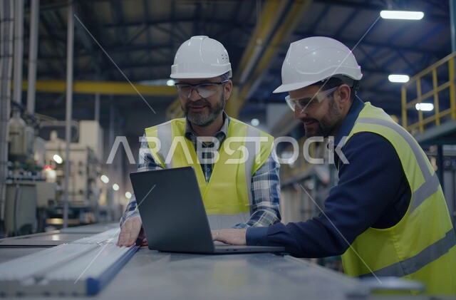 مهندسان عربيان خليجيان سعوديان يرتديان سترة الحماية يتحاوران ويتناقشان في مواضيع العمل، استخدام جهاز الحاسوب المحمول في الأعمال الهندسية، مهن ووظائف سعودية، الإشراف على المشاريع ومتابعة سيرها