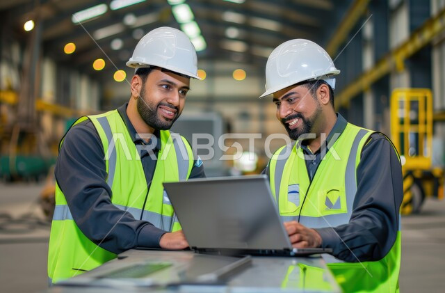 النقاشات والحوارات في مواضيع العمل، إيماءات البهجة والسرور، مهندسان عربيان خليجيان سعوديان يرتديان خوذة وسترة الحماية يقومان بمتابعة الاعمال باستخدام الحاسوب المحمول، مهن ووظائف سعودية