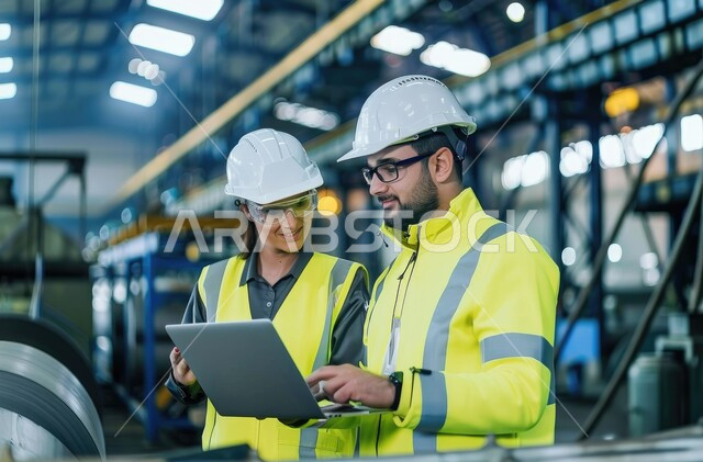 مفهوم المساواة بين الرجل والمرأة، مهندسان عربيان خليجيان سعوديان مبتسمان يرتديان سترة وخوذة الحماية يقومان بمتابعة الاعمال باستخدام الحاسوب المحمول، اعتماد التقنيات والتكنولوجيا في الهندسة