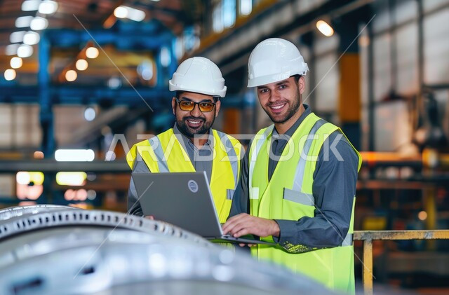 النظر الى الكاميرا بإيماءات البهجة والسرور، مهندسان عربيان خليجيان سعوديان يرتديان خوذة وسترة الحماية يقومان بمتابعة الاعمال باستخدام الحاسوب المحمول، مهن ووظائف سعودية، الإشراف على المشاريع الهندسية