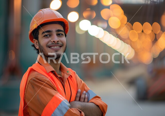 تطور ونمو القطاع الهندسي في المملكة، مهن ووظائف سعودية، صورة مقربة لمهندس عربي خليجي سعودي يرتدي الخوذه وسترة الحماية  يقف بايدي متقاطعة، الوقوف باستقامة والنظر الى الكاميرا بإيماءات السعادة والسرور