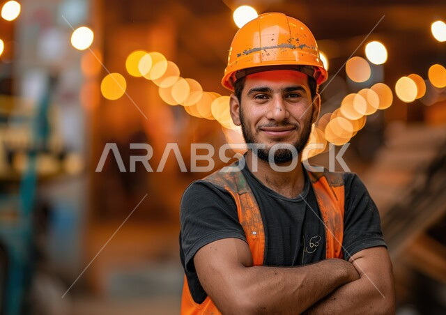 الوقوف بأيدي متقاطعة، العمل في القطاع الهندسي، مهن ووظائف سعودية، صورة مقربة لمهندس عربي خليجي سعودي يرتدي الخوذه وسترة الحماية  يقف باستقامة وينظر الى الكاميرا بإيماءات السعادة والسرور