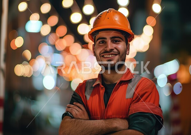 Growth and development of the engineering sector in the Kingdom, Saudi professions and jobs, a close-up photo of a Saudi Arabian Gulf engineer wearing a helmet and work uniform, standing with crossed hands, standing straight and looking at the camera with gestures of happiness and pleasure.