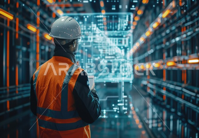 مهن ووظائف سعودية، اعتماد التقنيات والتكنولوجيا الحديثة في الهندسة, صورة من الخلف لمهندس عربي سعودي خليجي يرتدي سترة وخوذة الحماية يتابع سير أعمال المصنع على شاشة هيلوجرامية، كفاءة الإنتاج والتصنيع، تحقيق الثورة الصناعية