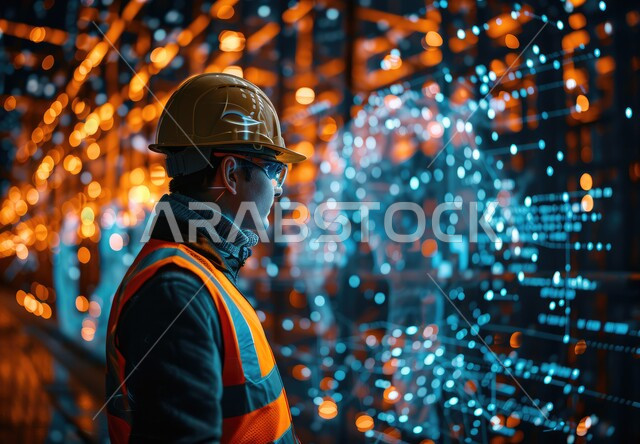 تحقيق الثورة الصناعية, اعتماد التقنيات والتكنولوجيا الحديثة في الهندسة, صورة مقربة لمهندس عربي سعودي خليجي يرتدي سترة وخوذة الحماية يتابع سير أعمال المصنع على شاشة هيلوجرامية، مهن ووظائف سعودية، كفاءة الإنتاج والتصنيع