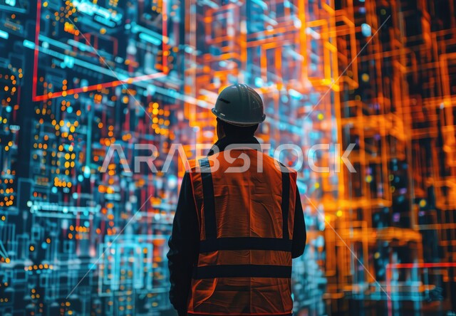 اعتماد التقنيات والتكنولوجيا الحديثة في الهندسة, صورة من الخلف لمهندس عربي سعودي خليجي يرتدي سترة وخوذة الحماية يتابع سير أعمال المصنع على شاشة هيلوجرامية، مهن ووظائف سعودية، كفاءة الإنتاج والتصنيع، تحقيق الثورة الصناعية