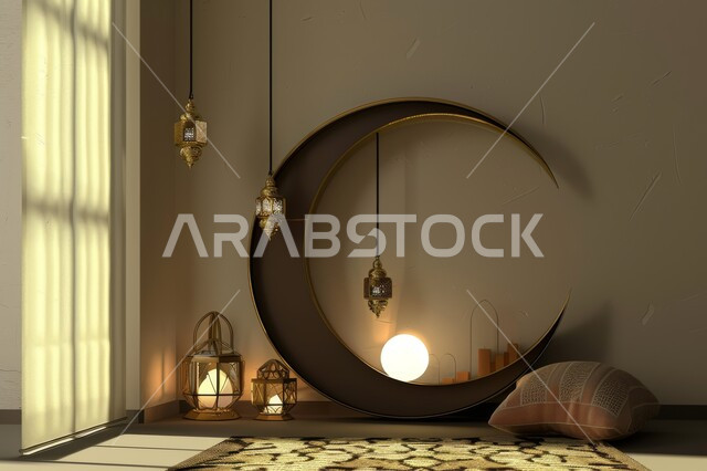 ديكورات وزينة رمضان المبارك، استخدام مجسم الهلال والفوانيس المضيئة للاحتفال بقدوم الشهر الفضيل، الأجواء الرمضانية الروحانية في المنازل العربية