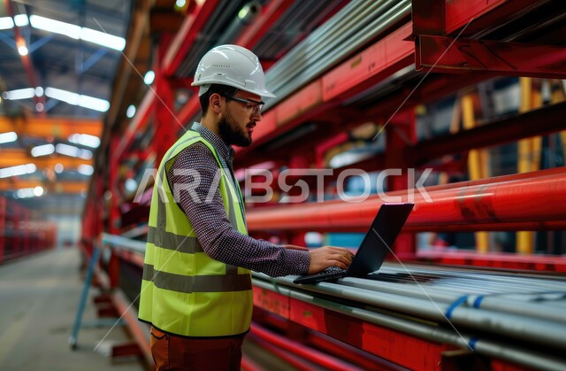 Using modern and advanced devices and technologies in the engineering fields. An Arab Gulf Saudi industrial engineer in an iron factory wearing a helmet and work protection jacket. Verifying the quality of production of iron bars via a laptop computer. The concept of engineering and industry.