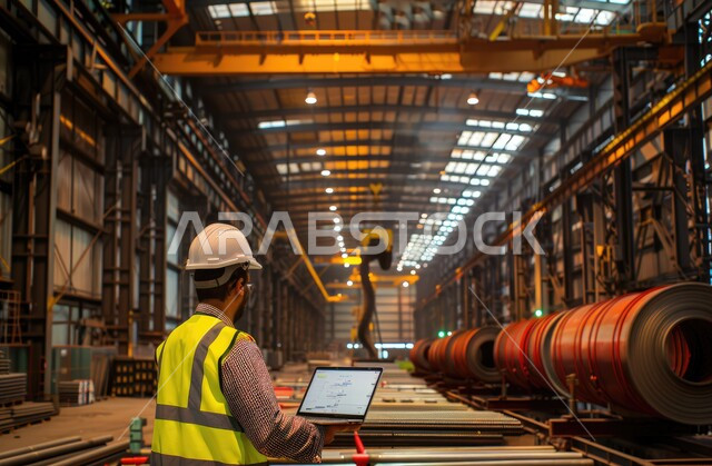 The concept of using modern and advanced devices and technologies in the engineering fields, a Saudi Arabian Gulf industrial engineer in an iron factory wearing a helmet and work protection jacket, checking the quality of production of iron bars via a laptop, the concept of engineering and industry