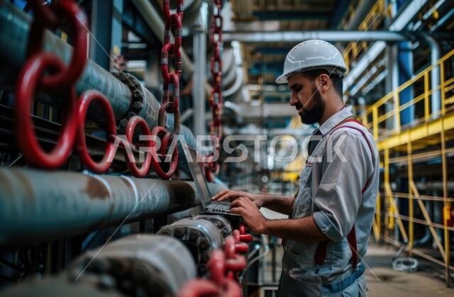معاينة جودة إنتاج القضبان الحديدية عبر الحاسوب المحمول، استخدام الأجهزة والتقنيات الحديثة والمتطورة في المجالات الهندسية، مهندس صناعي عربي خليجي سعودي في مصنع الحديد يرتدي خوذة وسترة الحماية الخاصة بالعمل، مفهوم الهندسة و الصناعة