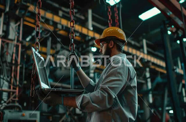 استعمال الحاسوب المحمول للتحقق من جودة إنتاج القضبان الحديدية، استخدام الأجهزة والتقنيات الحديثة والمتطورة في المجالات الهندسية، مهندس صناعي عربي خليجي سعودي في مصنع الحديد يرتدي خوذة وسترة الحماية الخاصة بالعمل، مفهوم الهندسة و الصناعة