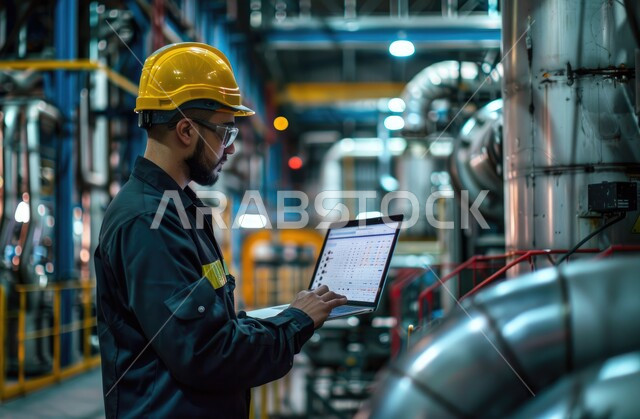 ارتداء خوذة وسترة الحماية الخاصة بالعمل، مفهوم الهندسة و الصناعة، التحقق من جودة إنتاج القضبان الحديدية عبر الحاسوب المحمول، استخدام الأجهزة والتقنيات الحديثة والمتطورة في المجالات الهندسية، مهندس صناعي عربي خليجي سعودي في مصنع الحديد 