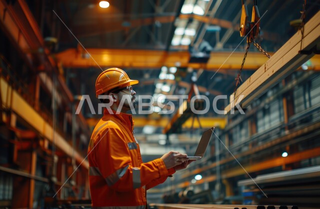 التحقق من جودة إنتاج القضبان الحديدية عبر الحاسوب المحمول، ارتداء خوذة وسترة الحماية الخاصة بالعمل، مفهوم الهندسة و الصناعة، استخدام الأجهزة والتقنيات الحديثة والمتطورة في المجالات الهندسية، مهندس صناعي عربي خليجي سعودي في مصنع الحديد 