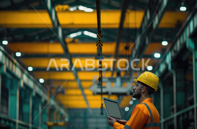 مفهوم الهندسة و الصناعة، التحقق من جودة إنتاج القضبان الحديدية عبر الحاسوب المحمول، استخدام الأجهزة والتقنيات الحديثة والمتطورة في المجالات الهندسية، مهندس صناعي عربي خليجي سعودي في مصنع الحديد يرتدي خوذة وسترة الحماية الخاصة بالعمل