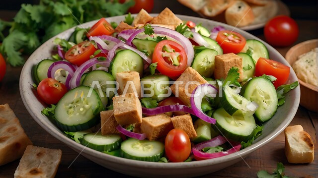 Oriental food restaurants, artistic methods of serving food, a bowl full of vegetables and toasted bread, traditional popular dishes in Saudi Arabia, a plate of fattoush salad and Arabic appetizers