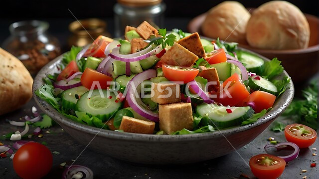 الأساليب الفنية في تقديم الطعام، وعاء مليء بقطع الخضراوات والخبز المحمص، أطباق شعبية تقليدية في السعودية، طبق من سلطة الفتوش والمقبلات العربية، مطاعم للمأكولات الشرقية