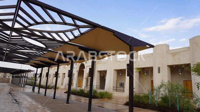 Old-style architectural art, a close-up of the awnings of the sales stalls in the Wednesday market in the city of Mubarraz in Al-Ahsa Governorate, a tourist destination in the Kingdom of Saudi Arabia, traditional popular markets, attracting tourists from all over the world