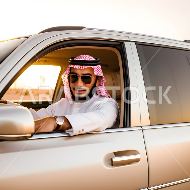 تعابير الجدية والثقة بالنفس، الاهتمام بالمظهر الخارجي، مفهوم الأناقة والجولة، صورة مقربة لرجل عربي سعودي خليجي وسيم يرتدي الزي التقليدي والنظارة الشمسية يجلس بداخل سيارته