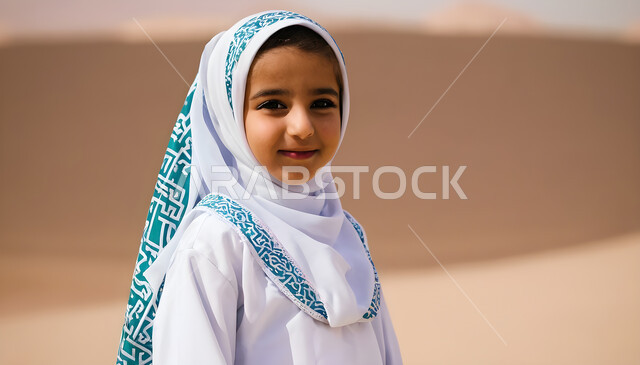 مفهوم النعومة واللطافة، النظر إلى الكاميرا بإيماءات البراءة والطفولة، الاهتمام بالمظهر الخارجي للأطفال، بورتريه مقرب من الجانب لطفلة عربية خليجية سعودية محجبة مبتسمة ترتدي الزي التقليدي، خلفية بيج